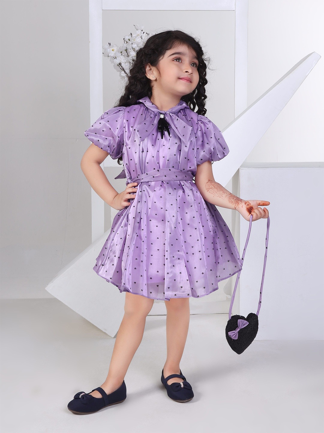 

Peppermint Polka Dot Print Tie-Up Neck Fit & Flare Dress, Purple