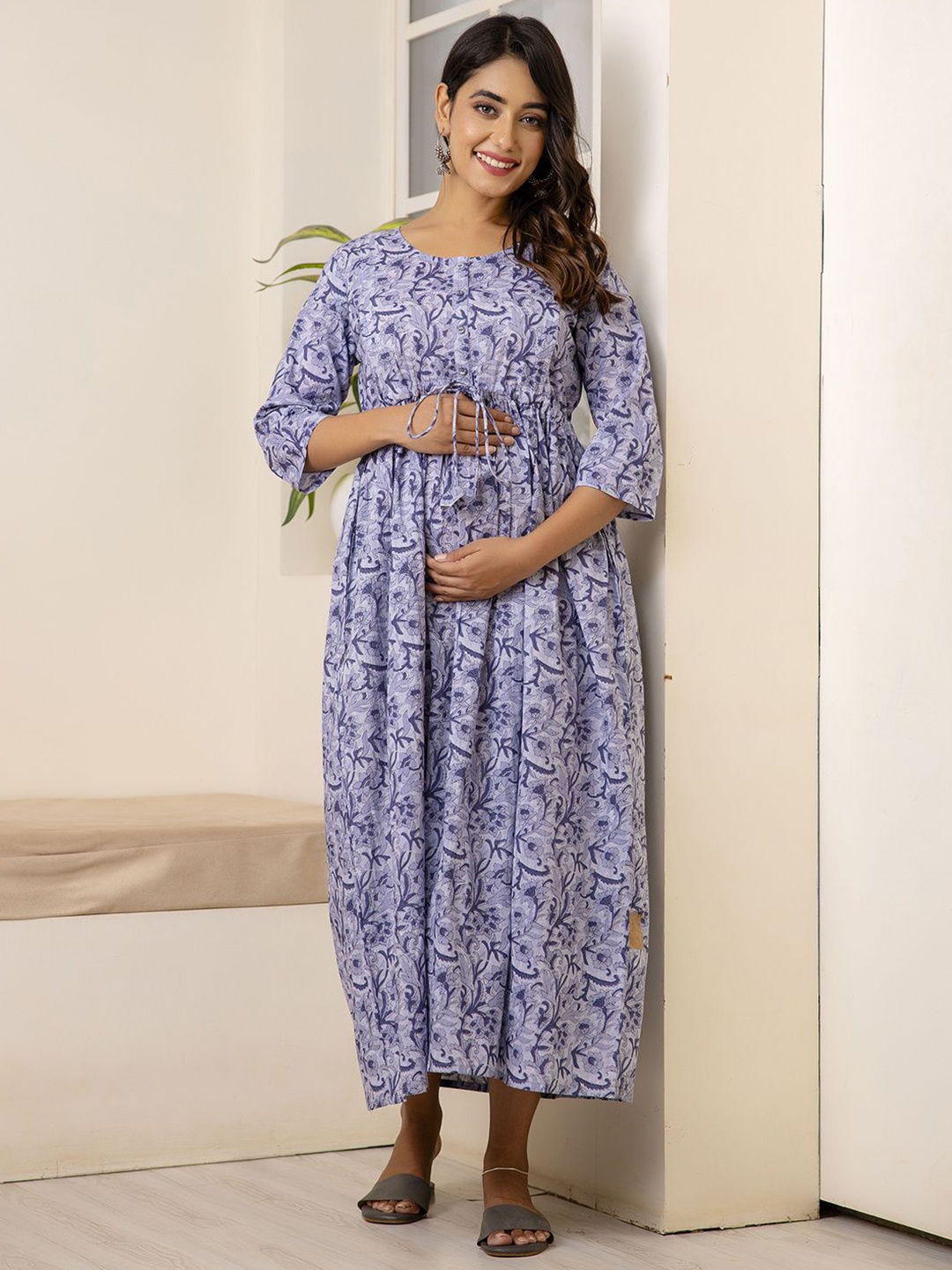 

Nayo Ethnic Motifs Printed Maternity A Line Maxi Dress, Grey