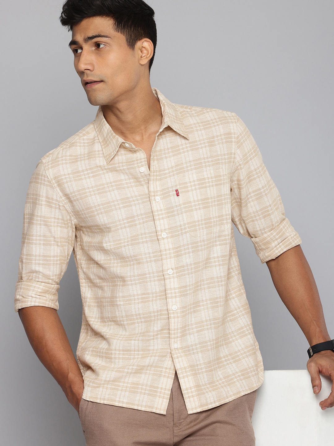 

Levis Linen Cotton Slim Fit Tartan Checked Casual Shirt, Beige