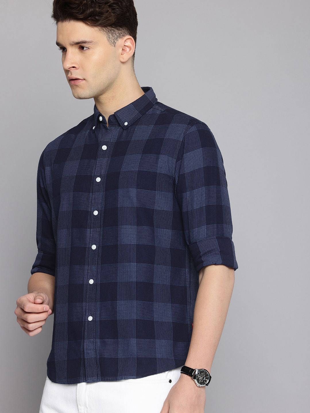 

Levis Men Checked Slim Fit Pure Cotton Casual Shirt, Navy blue