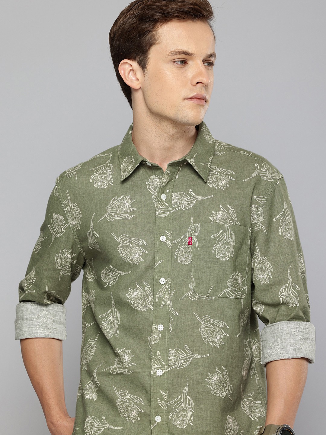 

Levis Linen Cotton Slim Fit Floral Printed Casual Shirt, Green