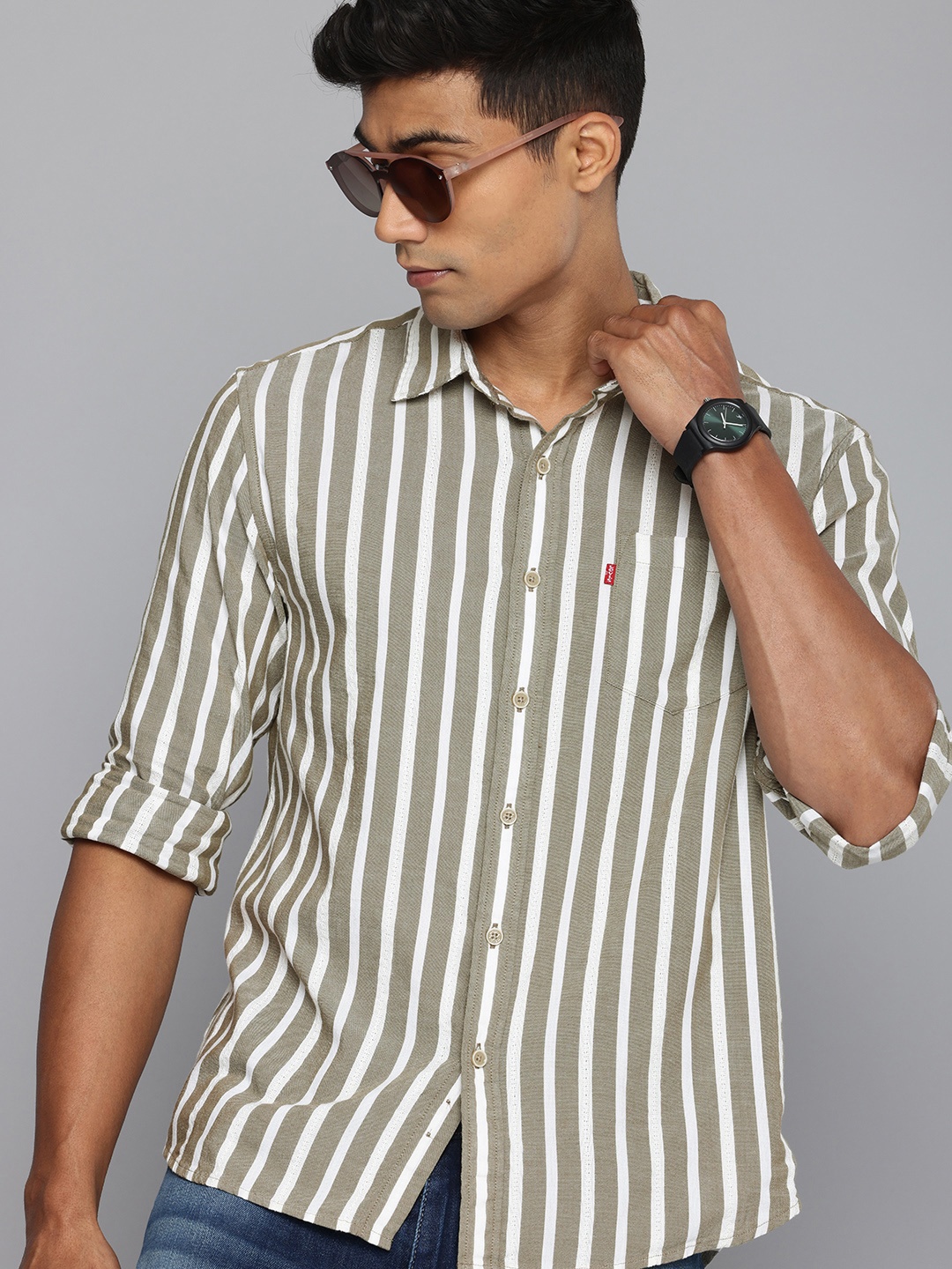 

Levis Pure Cotton Slim Fit Striped Casual Shirt, Olive
