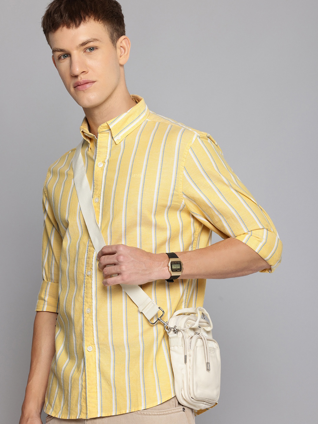 

Levis Men Striped Slim Fit Cotton Casual Shirt, Yellow