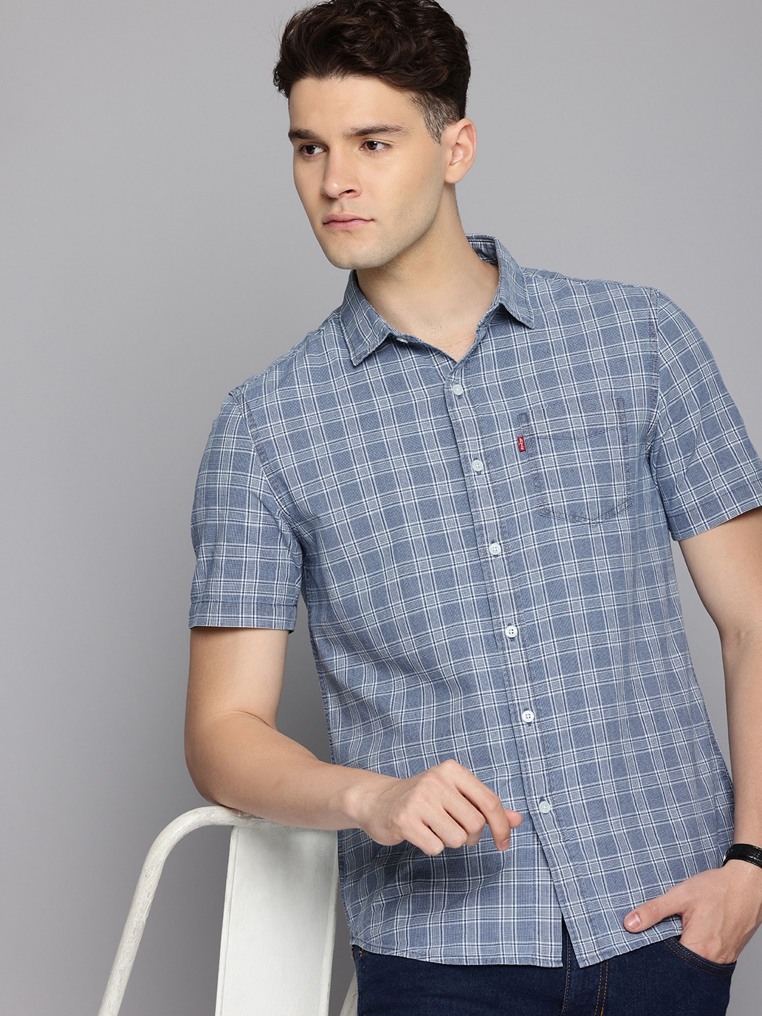 

Levis Pure Cotton Slim Fit Checked Casual Shirt, Blue