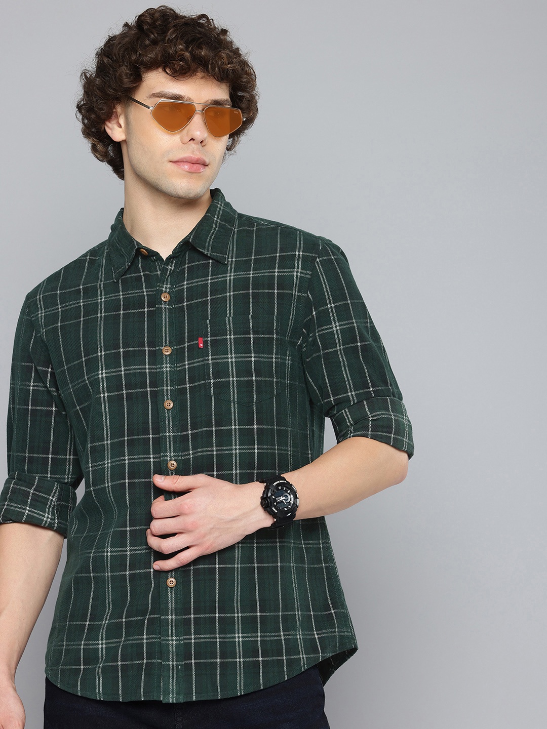 

Levis Slim Fit Checked Pure Cotton Casual Shirt, Green