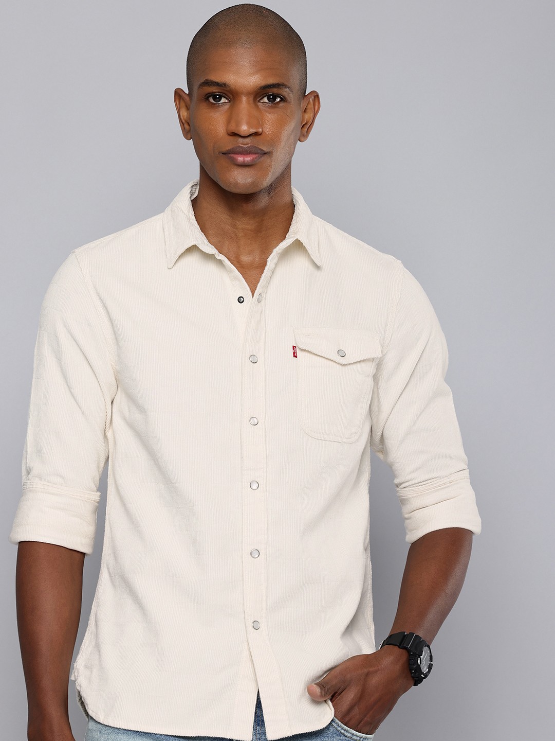 

Levis Pure Cotton Slim Fit Corduroy Opaque Casual Shirt, Off white