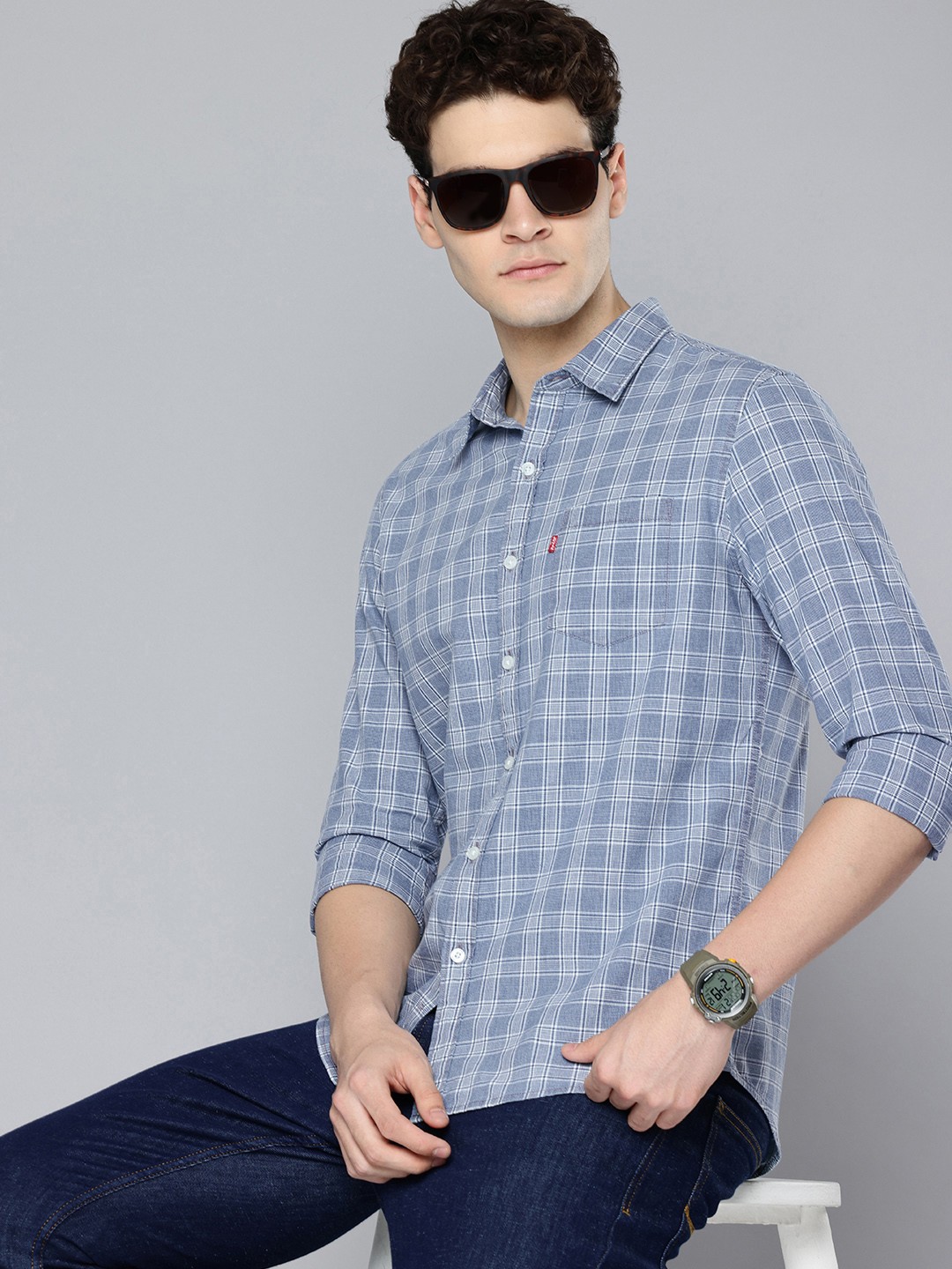 

Levis Slim Fit Checked Pure Cotton Casual Shirt, Blue
