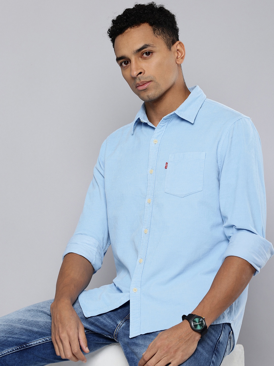 

Levis Pure Cotton Slim Fit Corduroy Opaque Casual Shirt, Blue