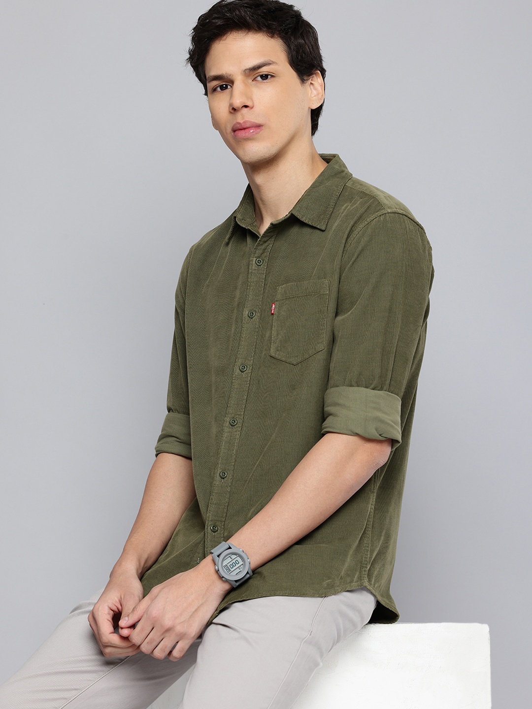 

Levis Men Slim Fit Corduroy Pure Cotton Casual Shirt, Olive