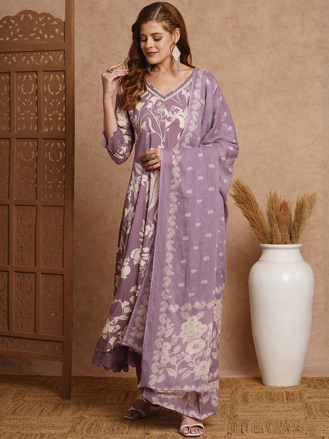 

FASHOR Floral Printed Mirror Work A-Line Kurta With Trousers & Dupatta, Lavender