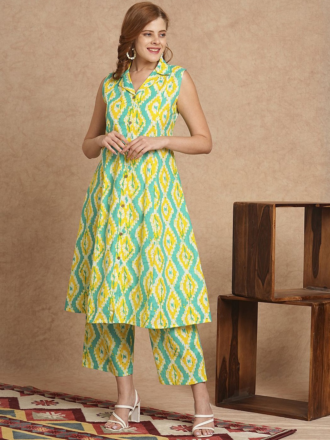 

FASHOR Printed Pure Cotton Top With Palazzo Co-Ords, Yellow