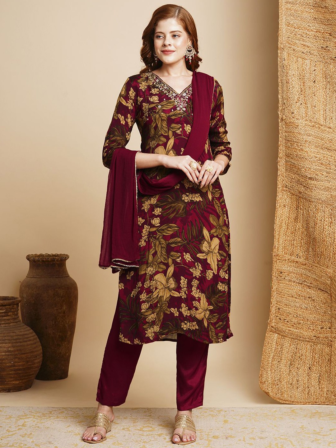 

FASHOR Floral Printed Mirror Work Straight Kurta With Trousers & Dupatta, Maroon