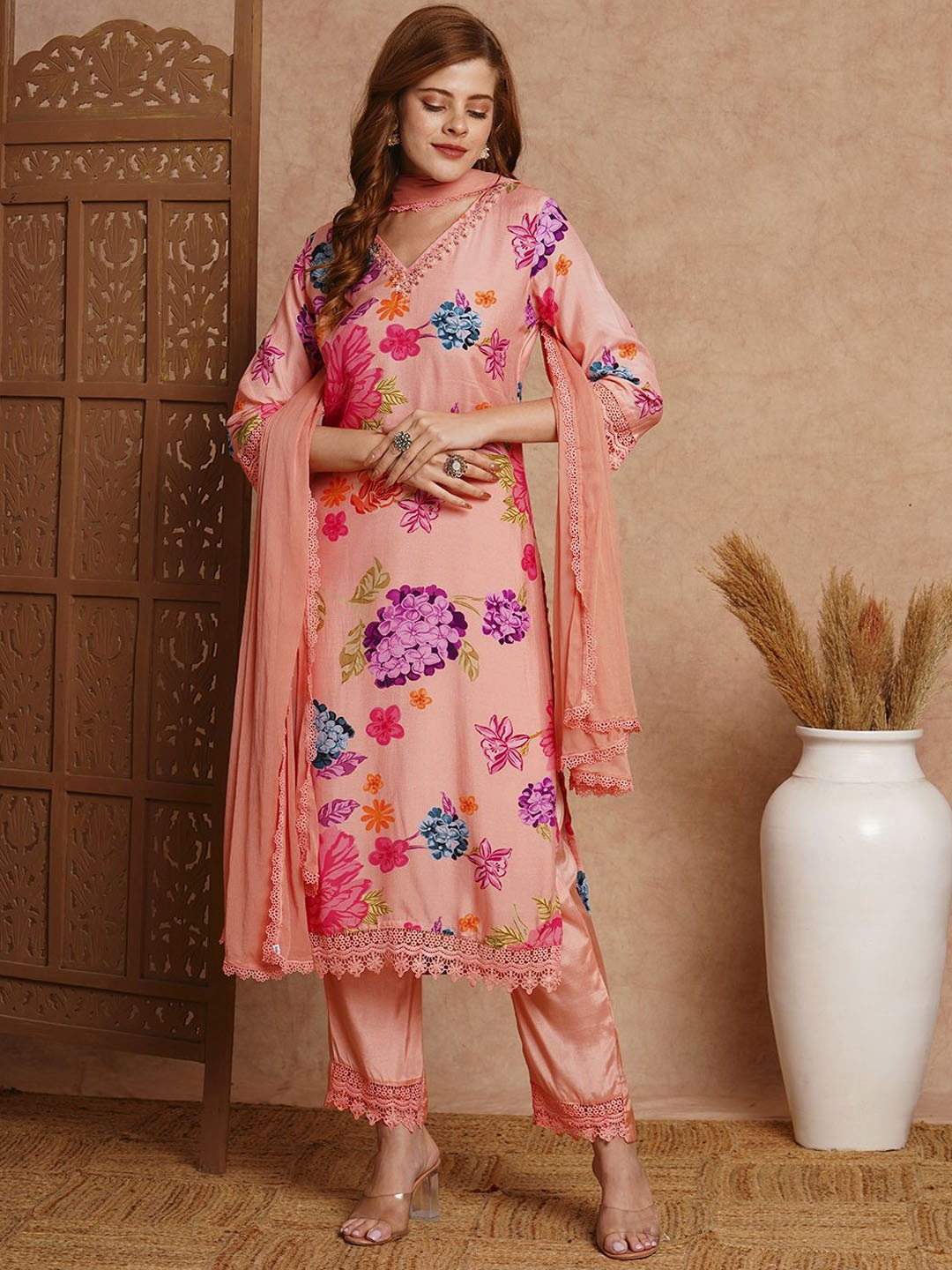 

FASHOR Floral Printed Beads and Stones Kurta With Trousers & Dupatta, Peach