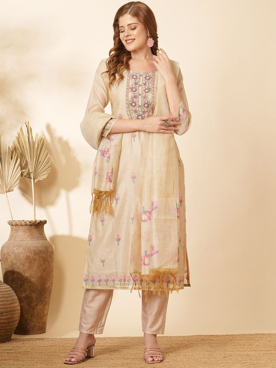 

FASHOR Floral Embroidered Thread Work Chanderi Cotton Kurta With Trousers & Dupatta, Beige