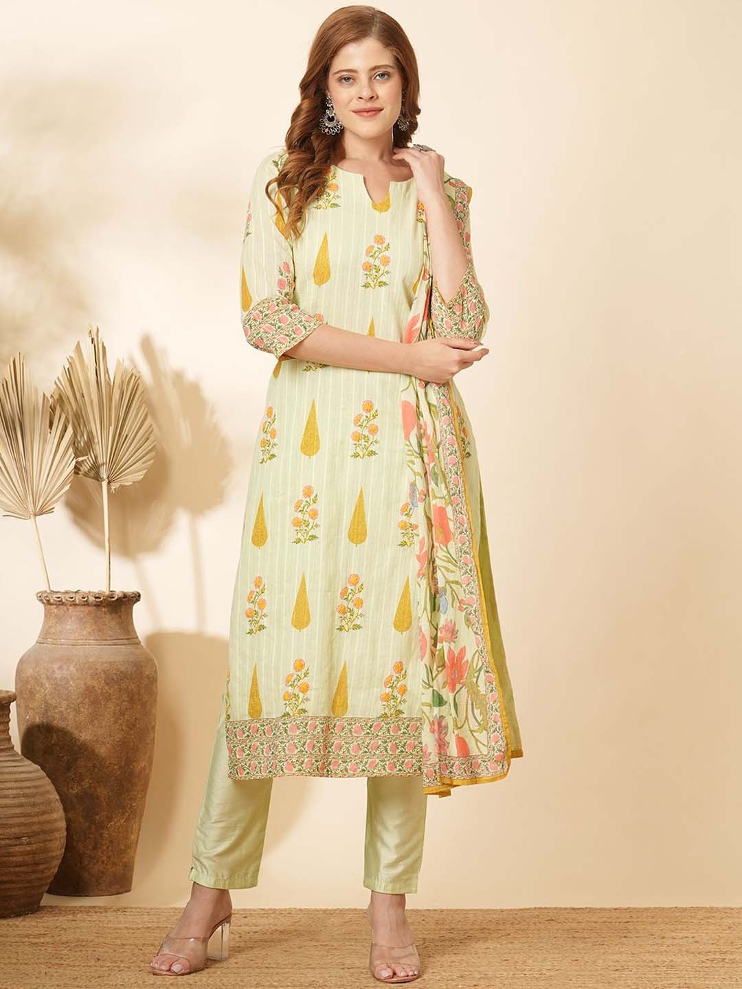 

FASHOR Floral Printed Thread Work Pure Cotton Kurta With Trousers & Dupatta, Green
