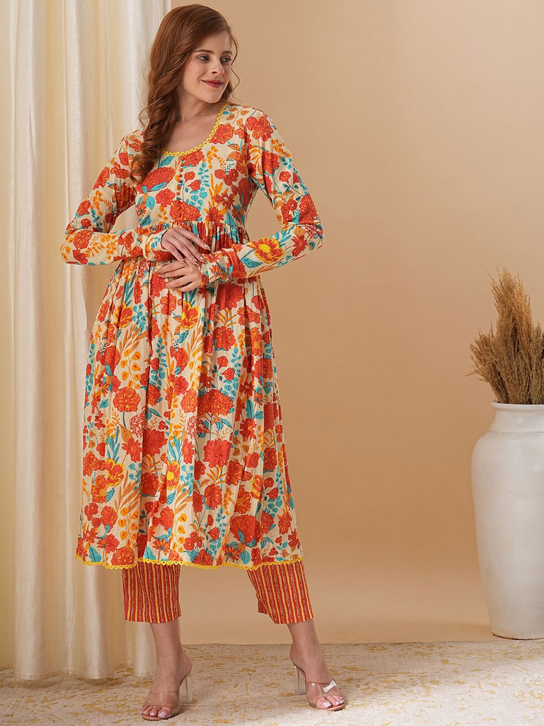 

FASHOR Floral Printed Pleated Pure Cotton A-Line Kurta With Trousers, Cream