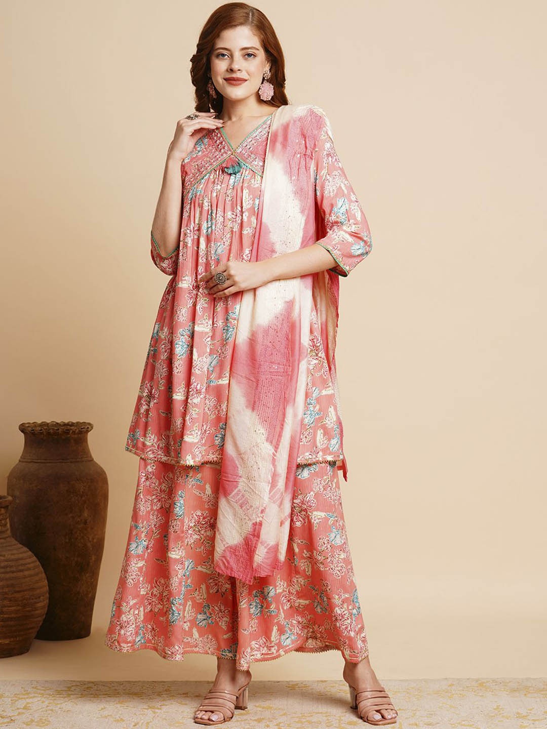 

FASHOR Floral Printed Pleated Thread Work Kurta With Palazzos & Dupatta, Peach