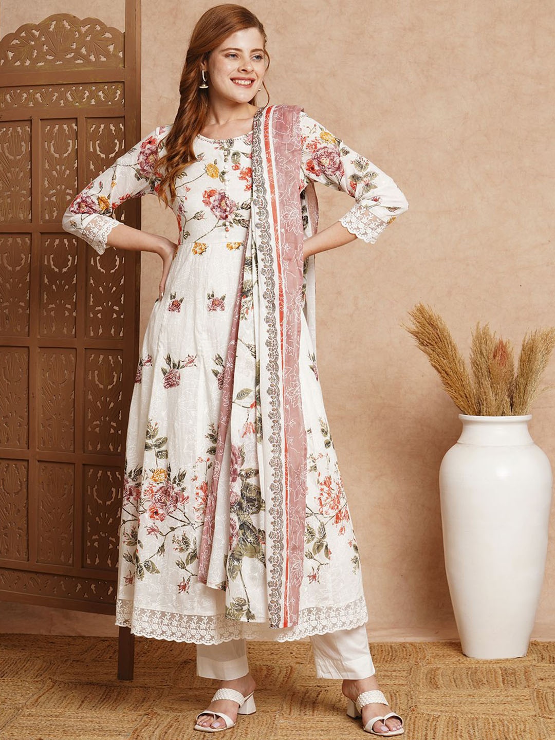 

FASHOR Floral Printed Regular Pure Cotton Kurta With Trousers & Dupatta, White