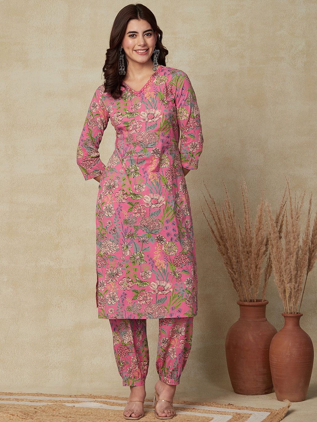 

FASHOR Floral Printed Regular Pure Cotton Kurta with Salwar, Pink