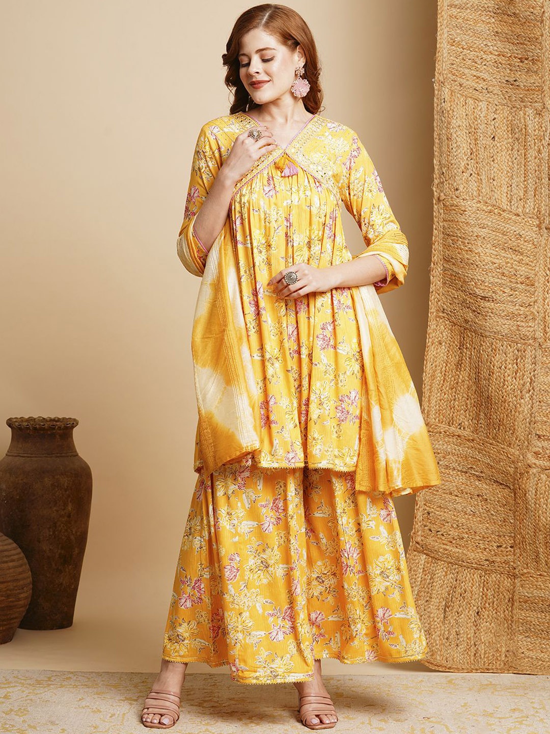 

FASHOR Floral Printed Pleated Thread Work Kurta With Palazzos & Dupatta, Yellow