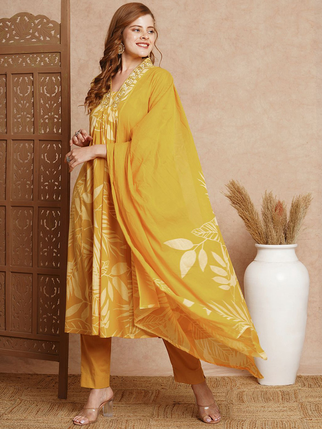 

FASHOR Floral Printed Pleated Thread Work Pure Cotton Kurta With Trousers & Dupatta, Mustard