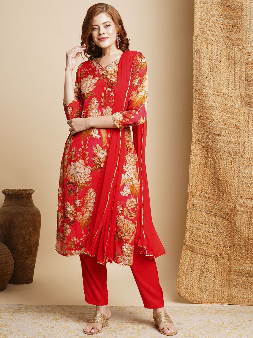 

FASHOR Floral Printed V-Neck Regular Gotta Patti Straight Kurta With Trousers & Dupatta, Red