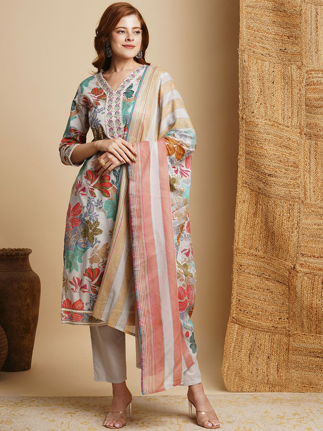 

FASHOR Floral Printed Thread Work Pure Cotton Straight Kurta With Trousers & Dupatta, Blue