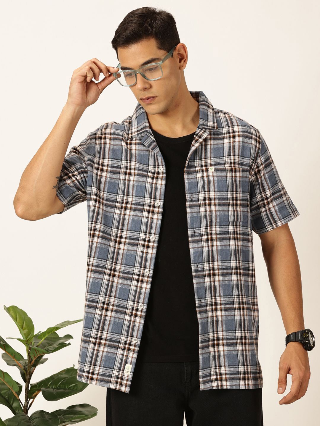 

Thomas Scott Men Premium Tartan Checks Casual Oversized Shirt, Navy blue