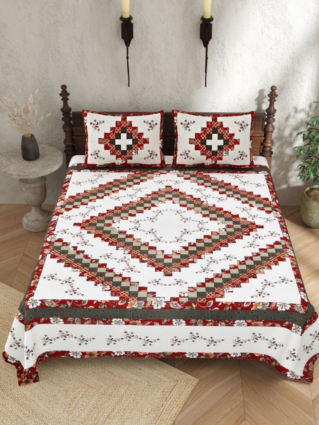 

JAIPUR PRIME White & Marron Floral Pure Cotton 210 TC King Bedsheet with 2 Pillow Covers