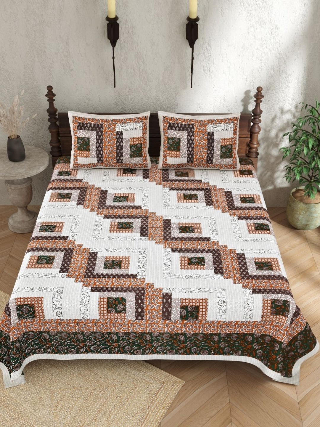 

JAIPUR PRIME White & Brown Floral Pure Cotton 210 TC King Bedsheet with 2 Pillow Covers