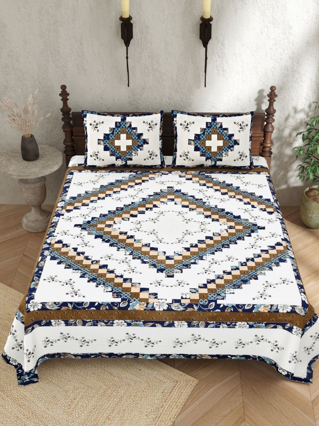 

JAIPUR PRIME White & Blue Floral Pure Cotton 210 TC King Bedsheet with 2 Pillow Covers