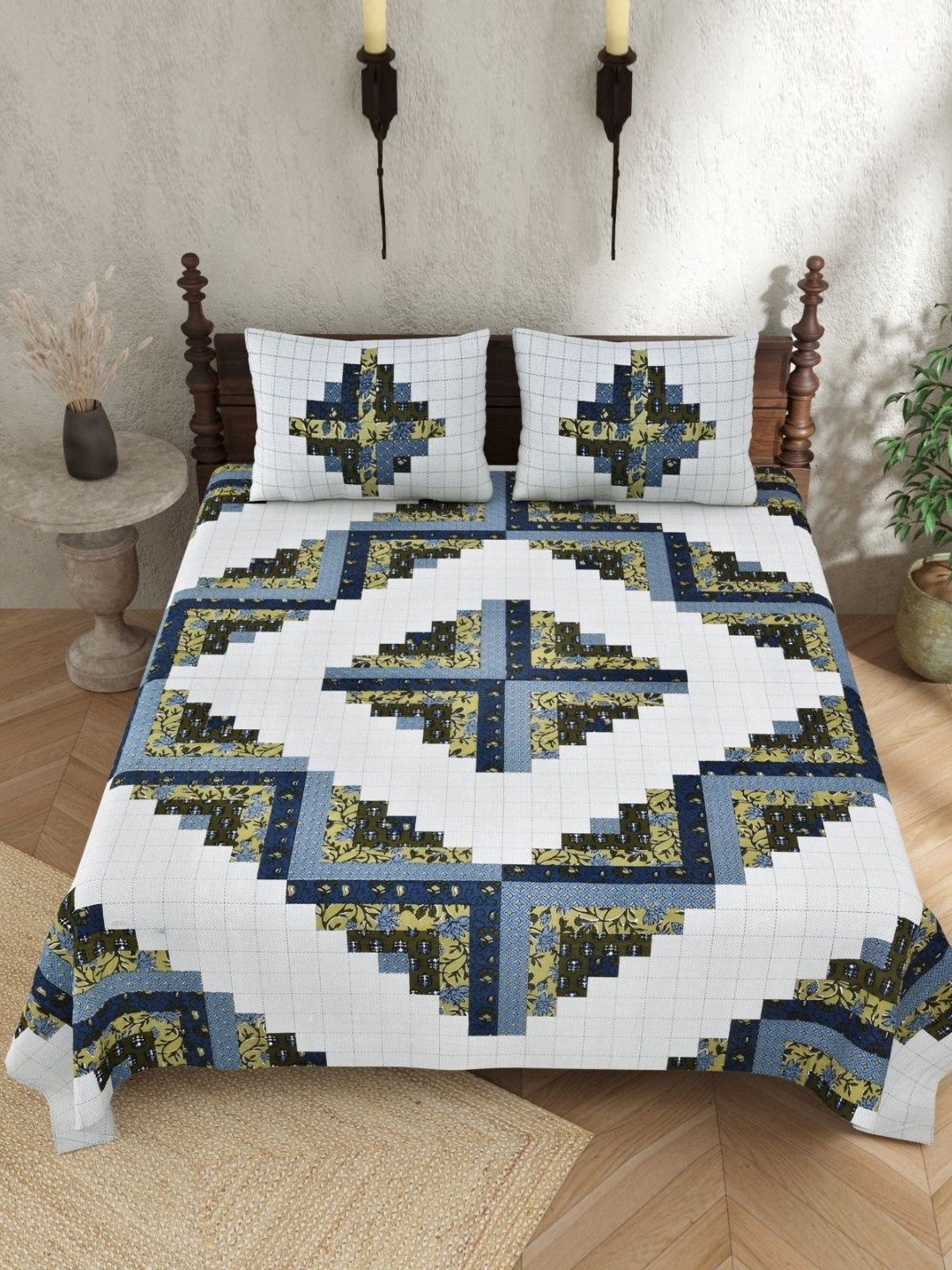 

JAIPUR PRIME White & Blue Floral Pure Cotton 210 TC King Bedsheet with 2 Pillow Covers