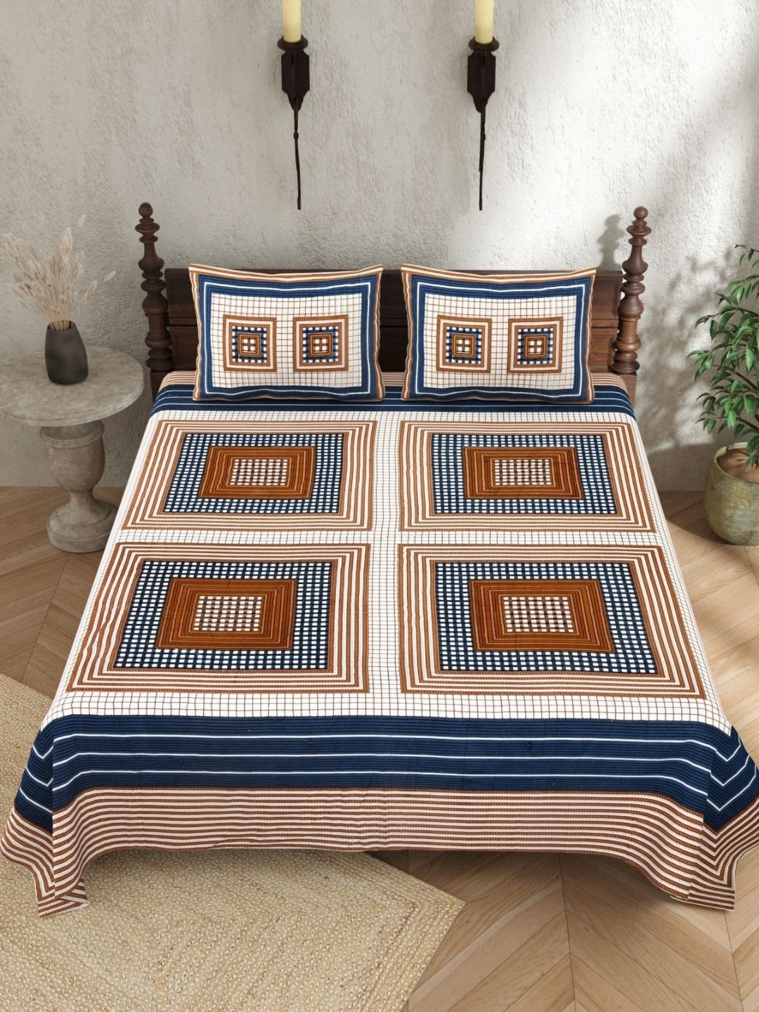 

JAIPUR PRIME White & Blue Geometric Pure Cotton 210 TC King Bedsheet with 2 Pillow Covers