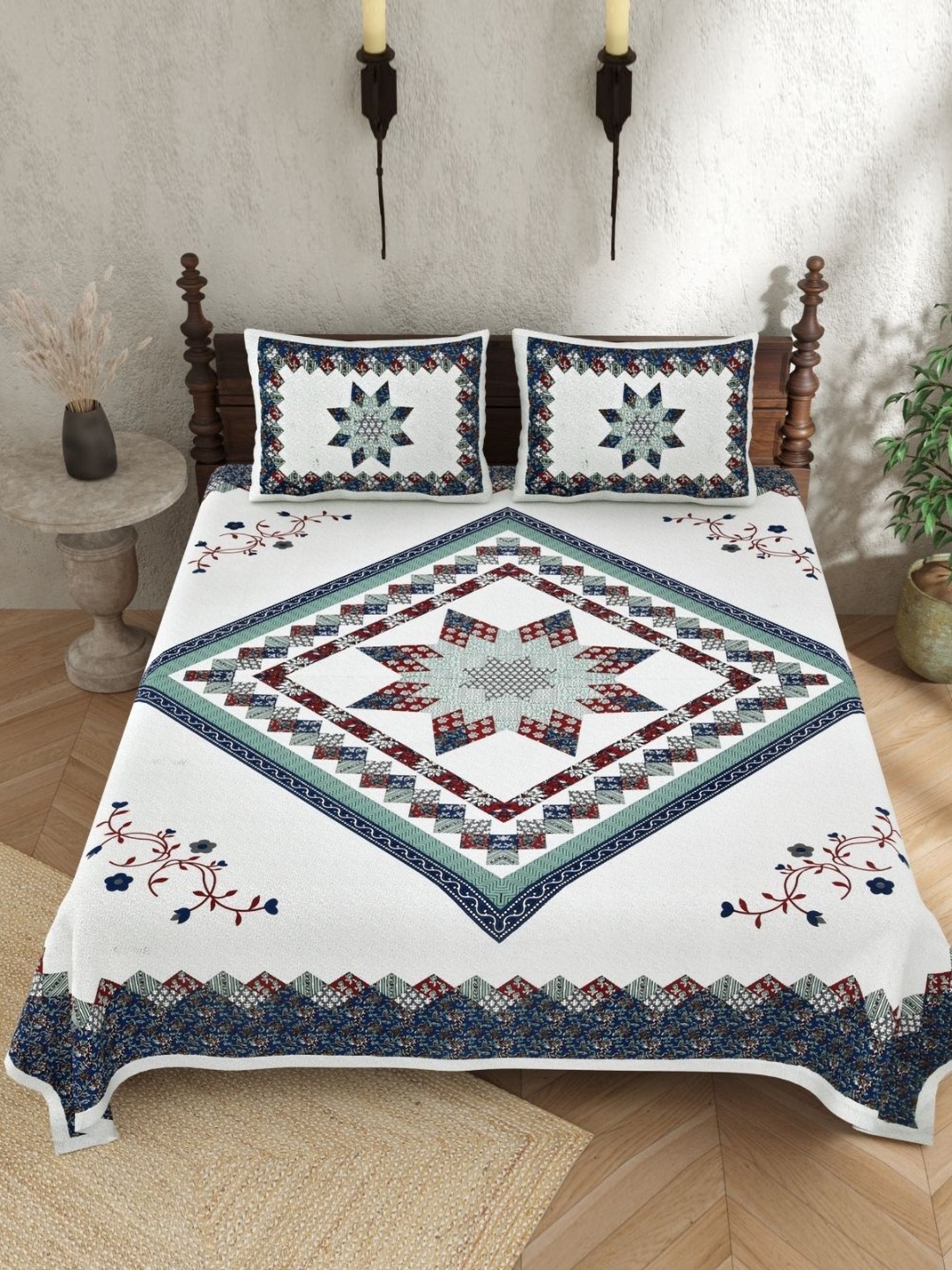 

JAIPUR PRIME White & Blue Floral Pure Cotton 210 TC King Bedsheet with 2 Pillow Covers