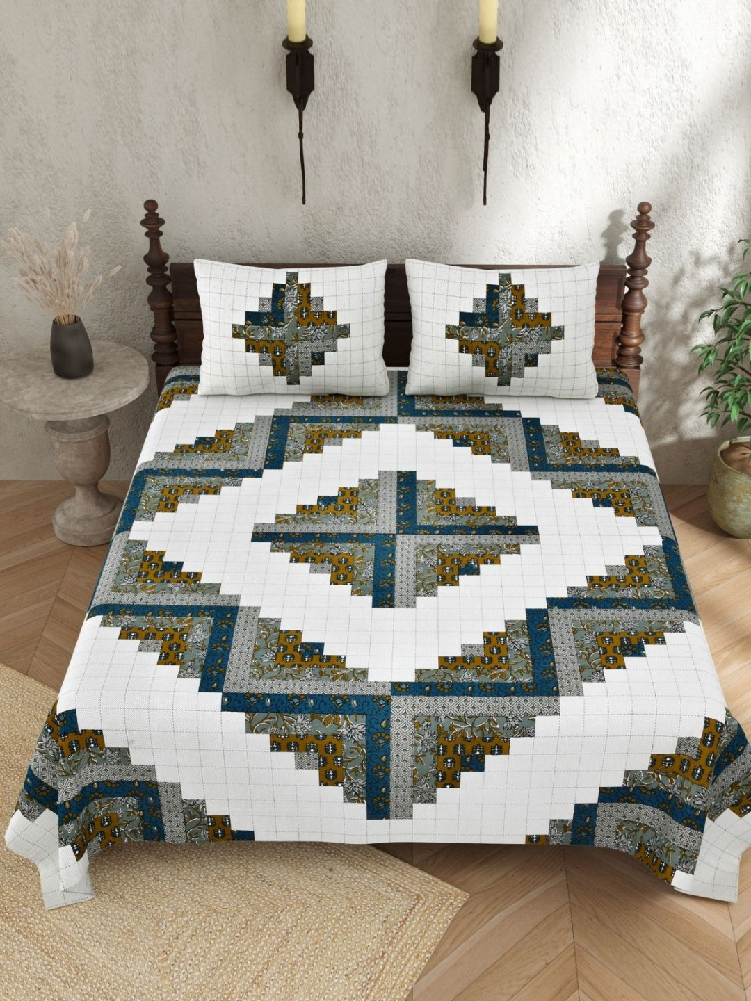 

JAIPUR PRIME White & Blue Floral Pure Cotton 210 TC King Bedsheet with 2 Pillow Covers