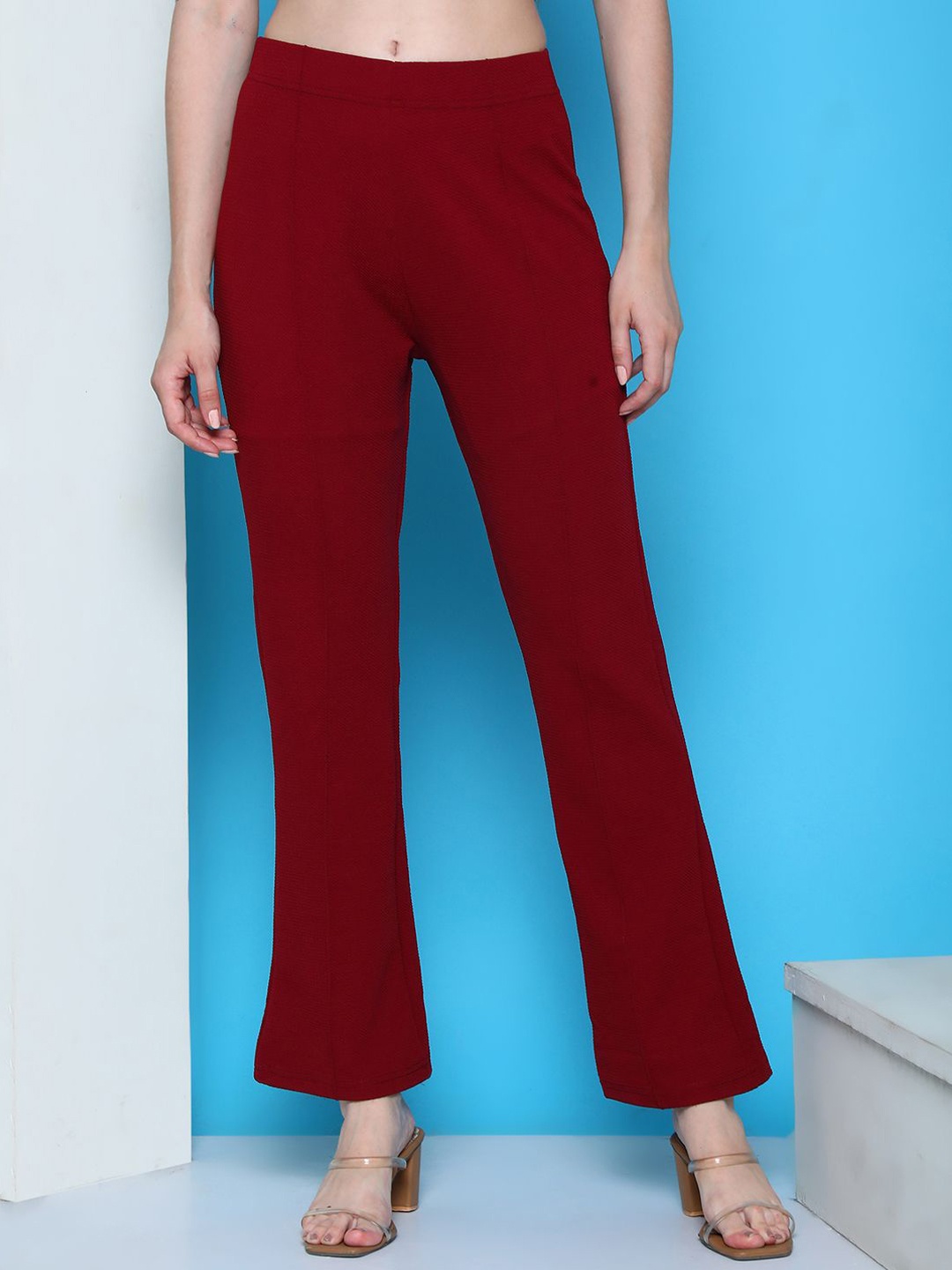 

Fabflee Women High-Rise Straight Fit Bootcut Trousers, Maroon