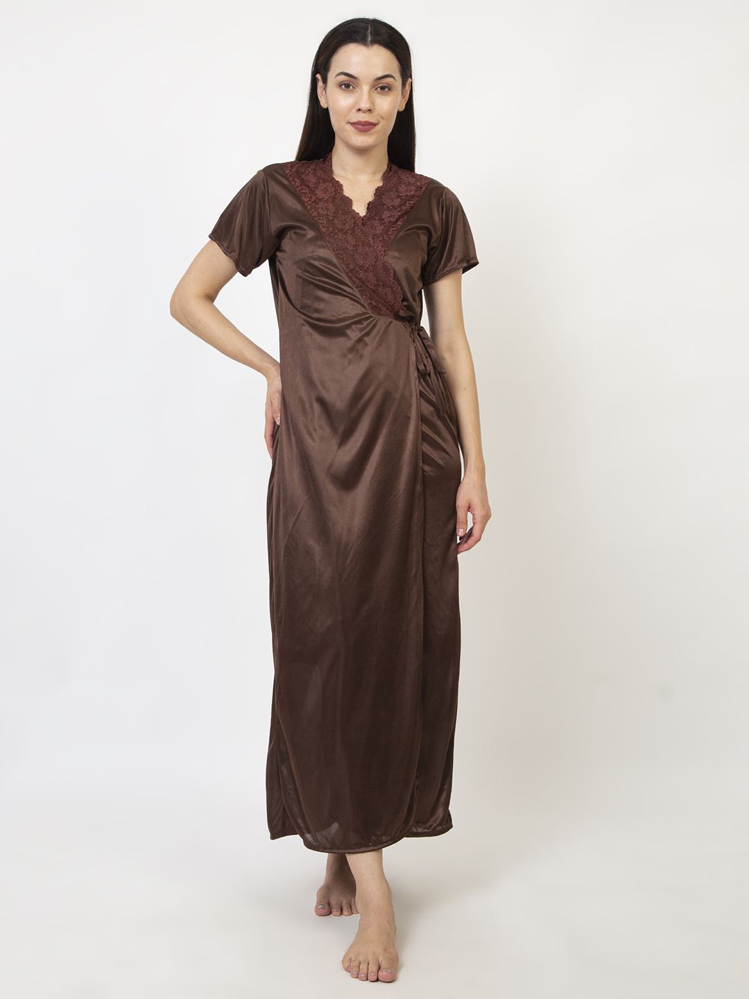 

AVYAY 2 Pcs Satin Nightdress With Robe, Coffee brown