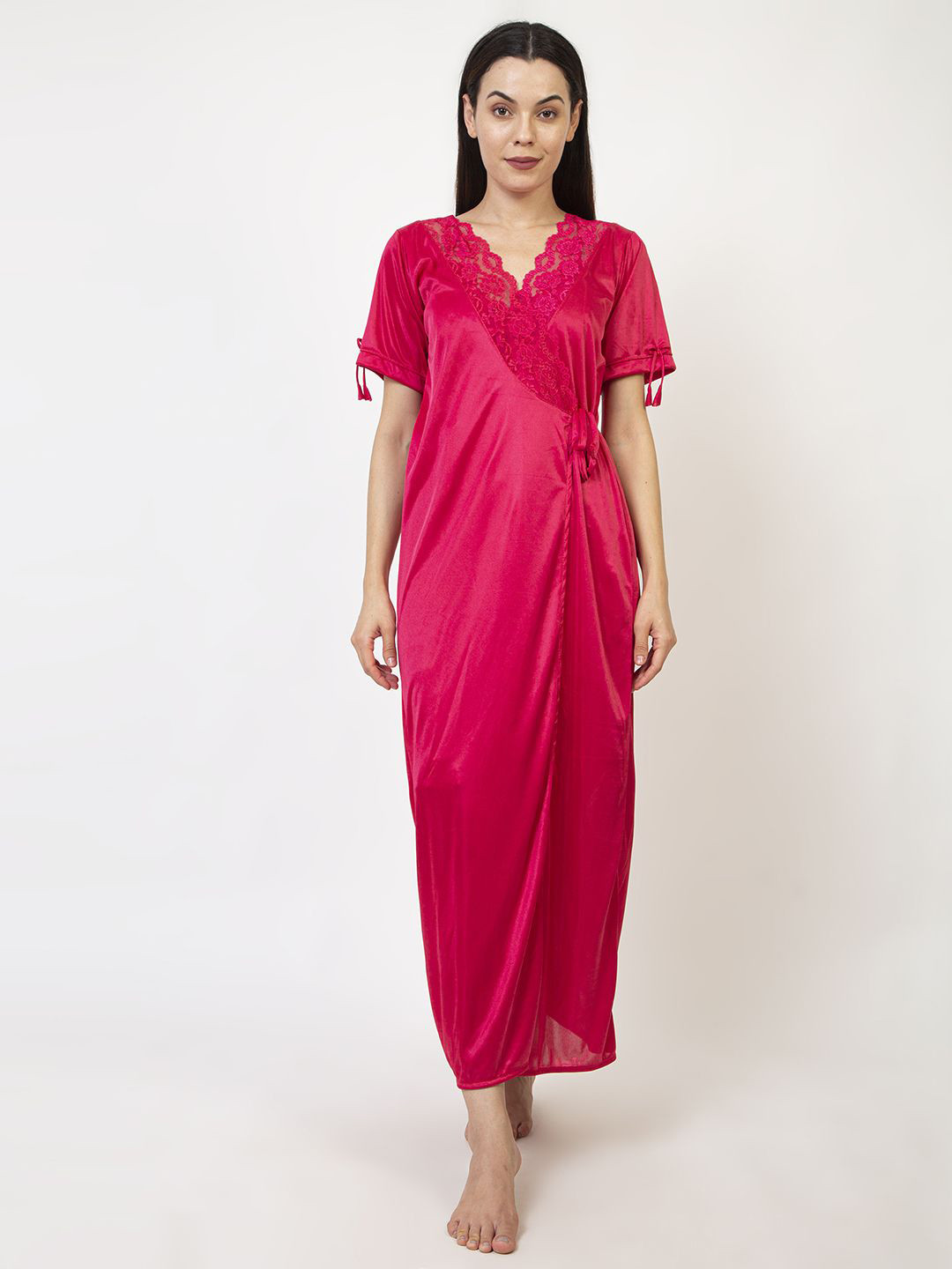 

AVYAY 2 Pcs Satin Nightdress With Robe, Red