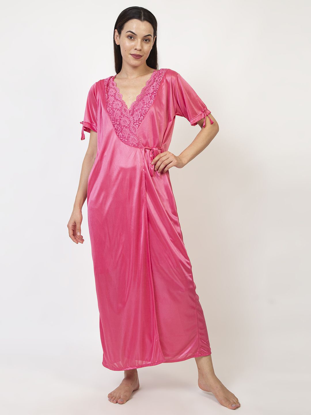 

AVYAY 2 Pcs Satin Nightdress With Robe, Peach