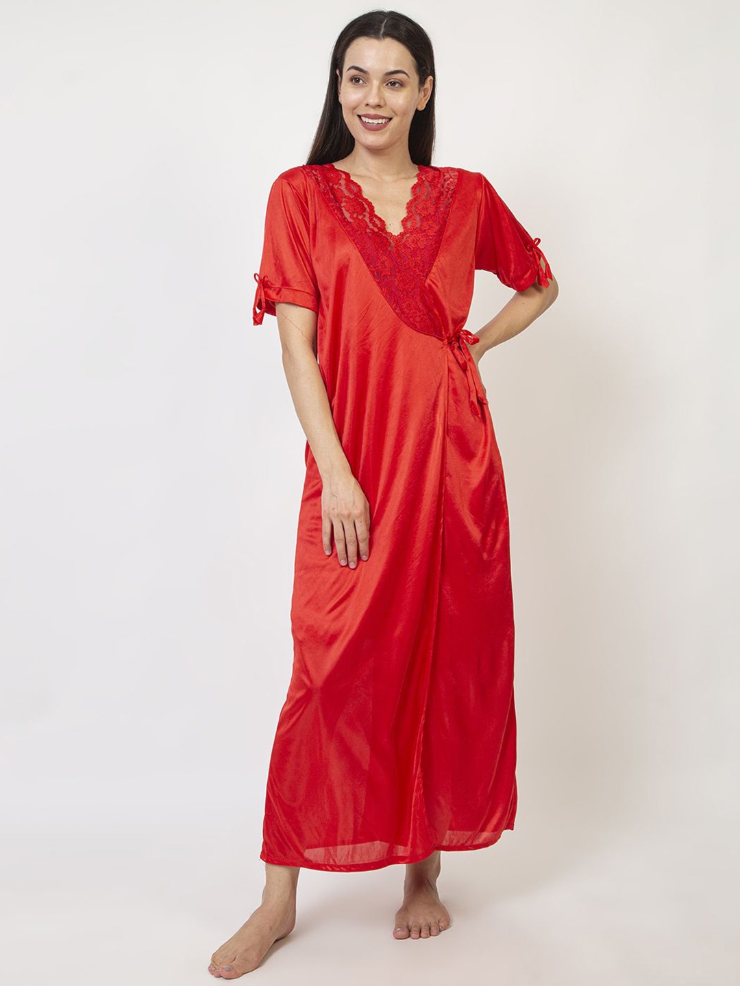 

AVYAY 2 Pcs Satin Nightdress With Robe, Red