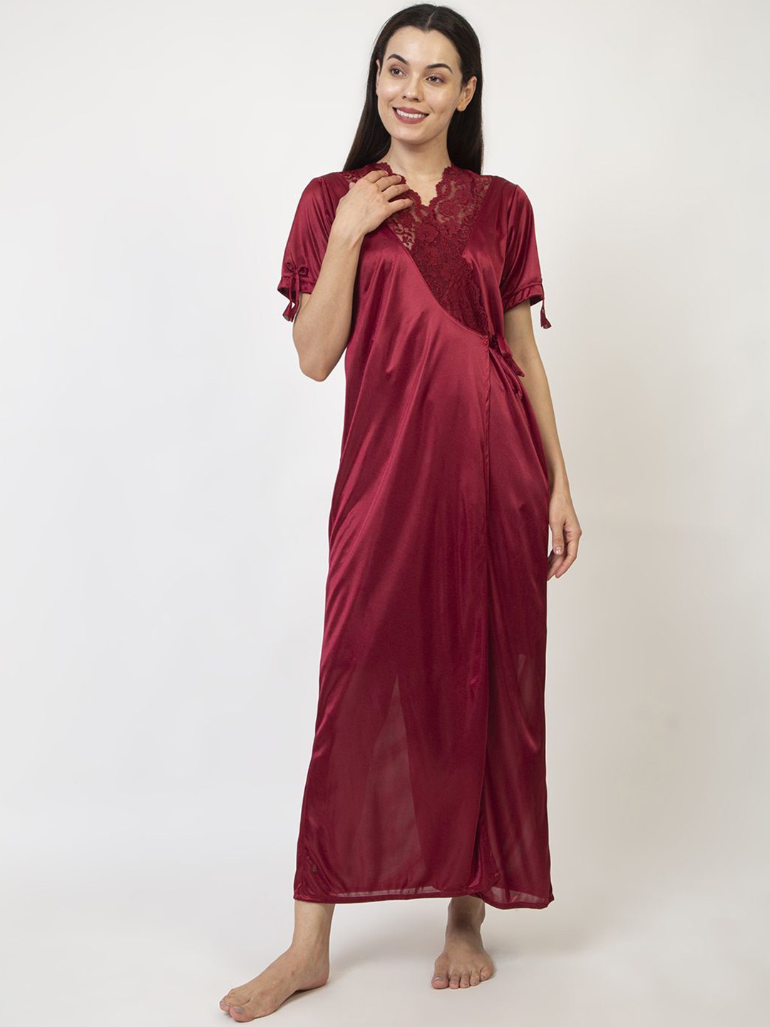 

AVYAY 2 Pcs Satin Nightdress With Robe, Maroon