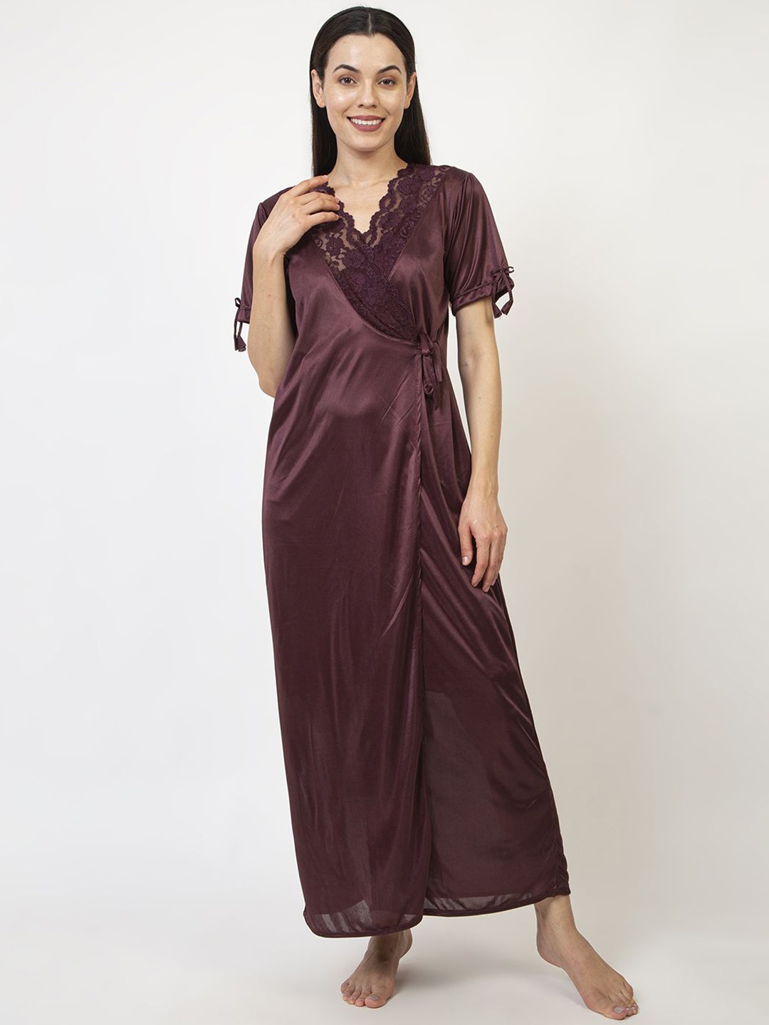 

AVYAY Pack Of 2 Satin Nightdress With Robe, Coffee brown