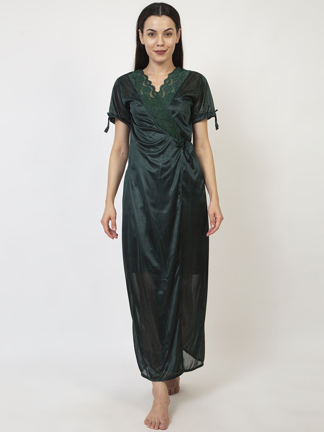 

AVYAY Pack Of 2 Satin Nightdress With Robe, Green