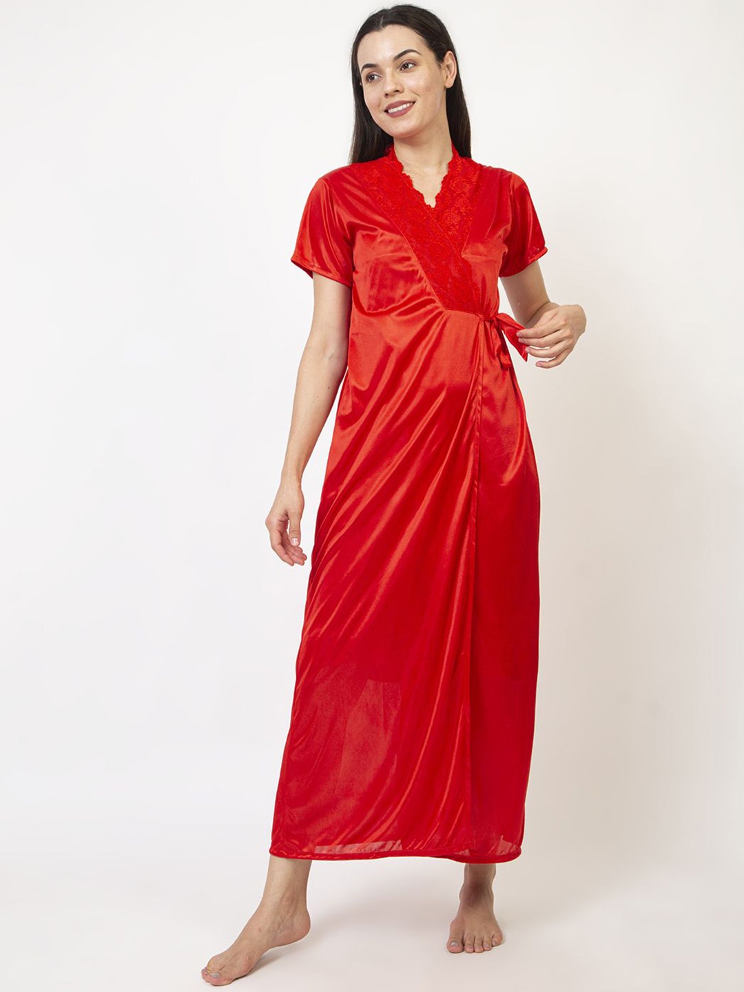 

AVYAY Pack Of 2 Satin Nightdress With Robe, Red