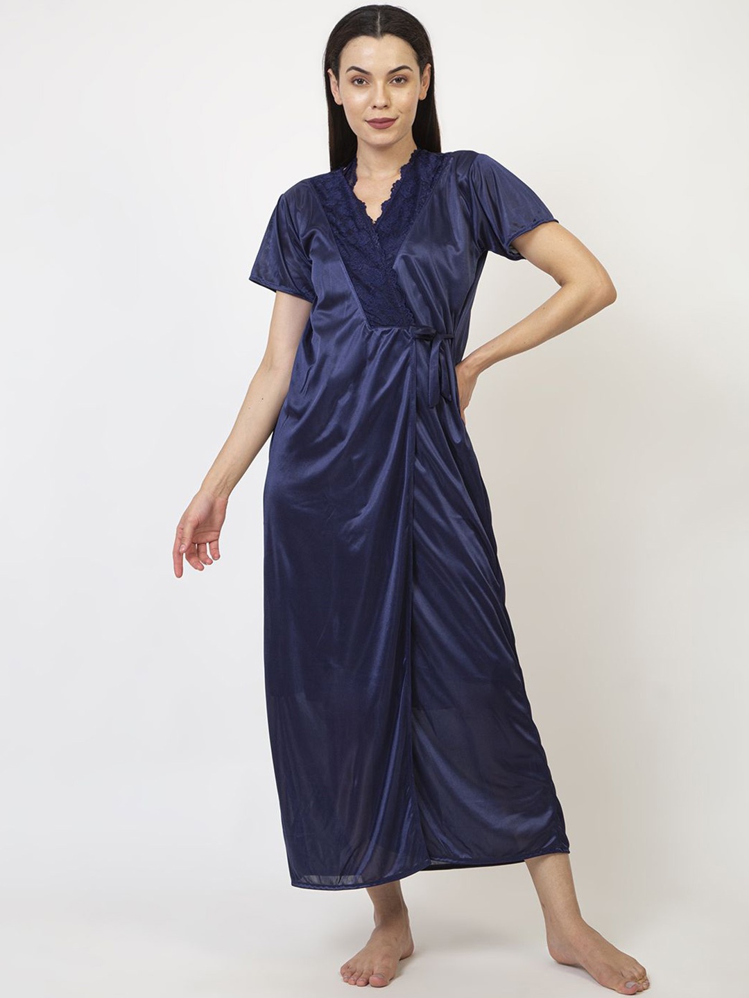 

AVYAY Pack Of 2 Satin Nightdress With Robe, Blue