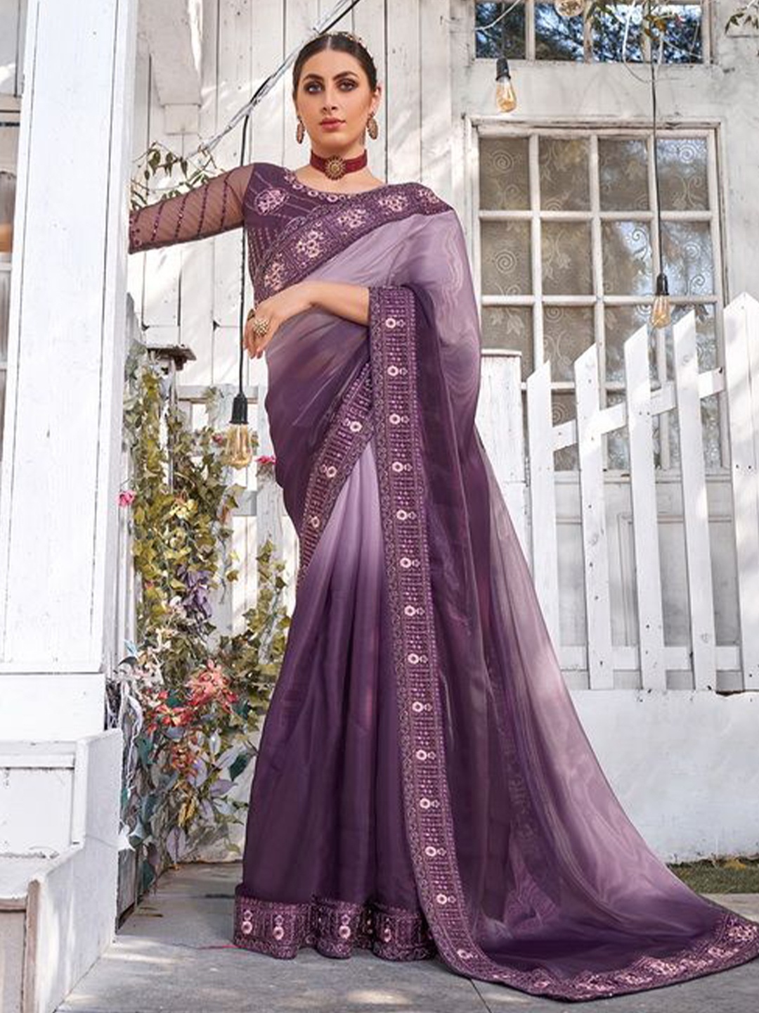 

Kalista Ombre Embroidered Pure Chiffon Saree, Purple