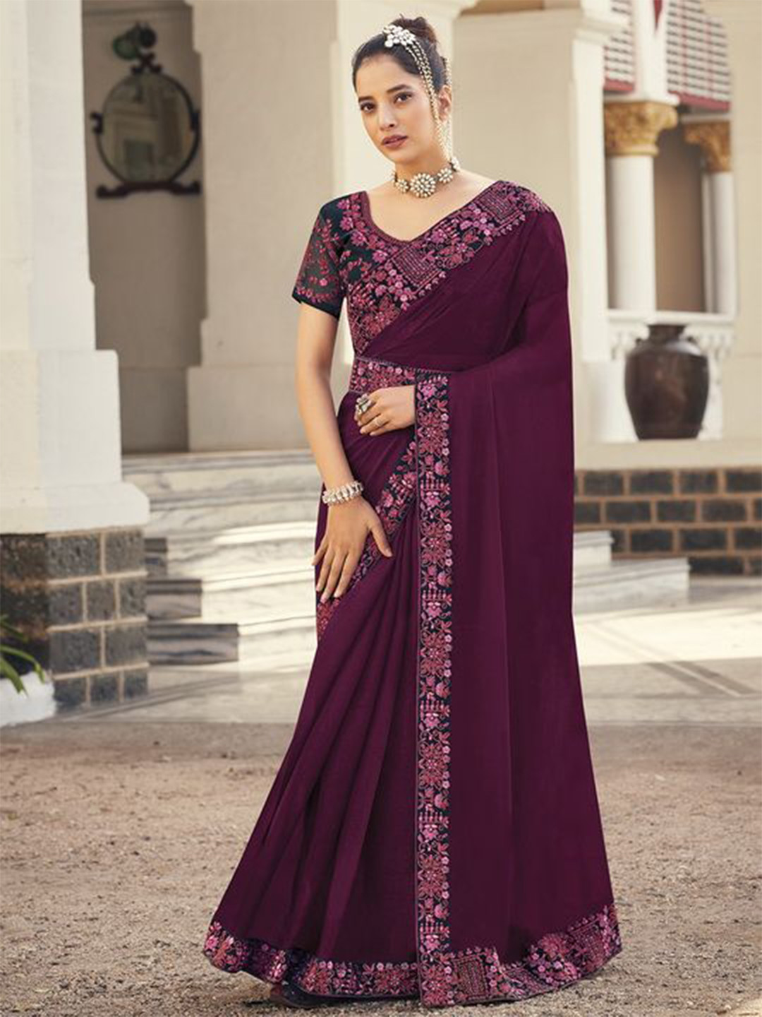 

Kalista Embroidered Pure Chiffon Saree, Burgundy