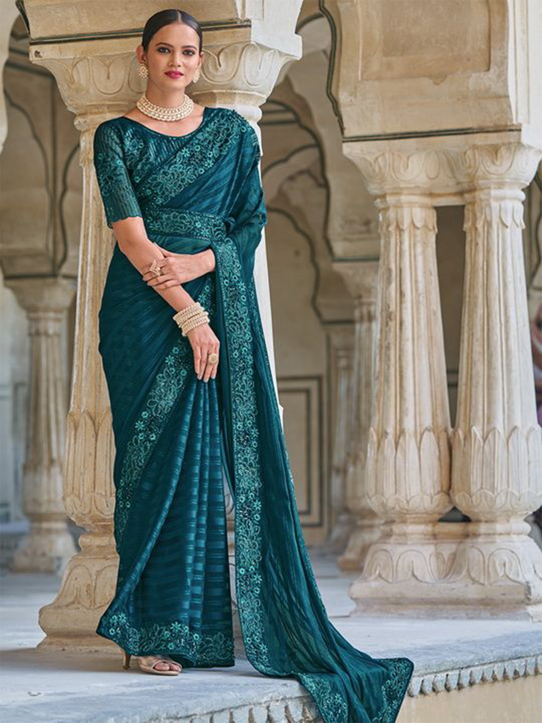 

Kalista Ethnic Motifs Embroidered Pure Chiffon Saree, Teal