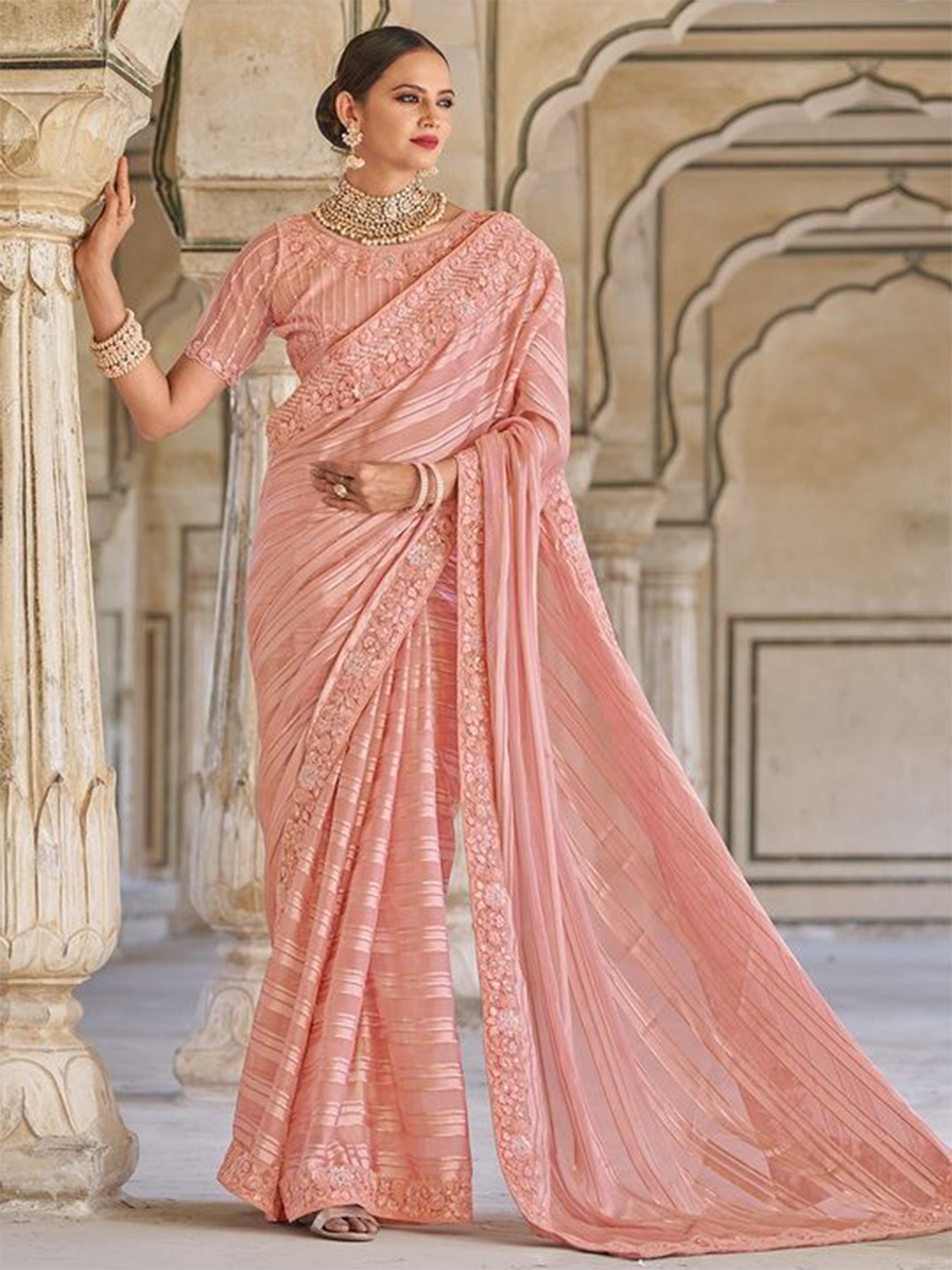 

Kalista Floral Embroidered Pure Chiffon Saree, Peach