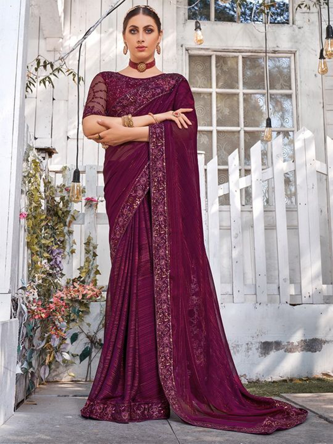 

Kalista Floral Embroidered Pure Chiffon Saree, Burgundy